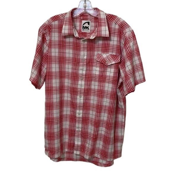 Mountain Khakis Red Plaid Button Up Shirt Mens Size Large Cotton Short Sleeves - Picture 1 of 12